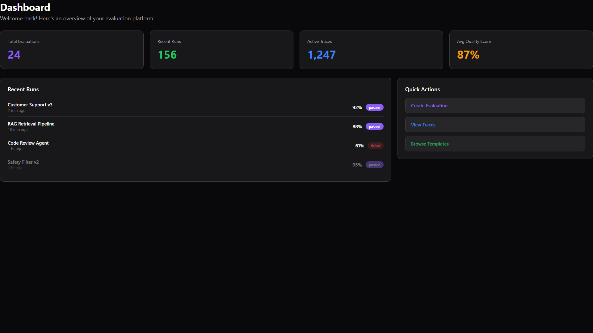 EvalGate dashboard showing evaluations, recent runs, active traces, and average quality score